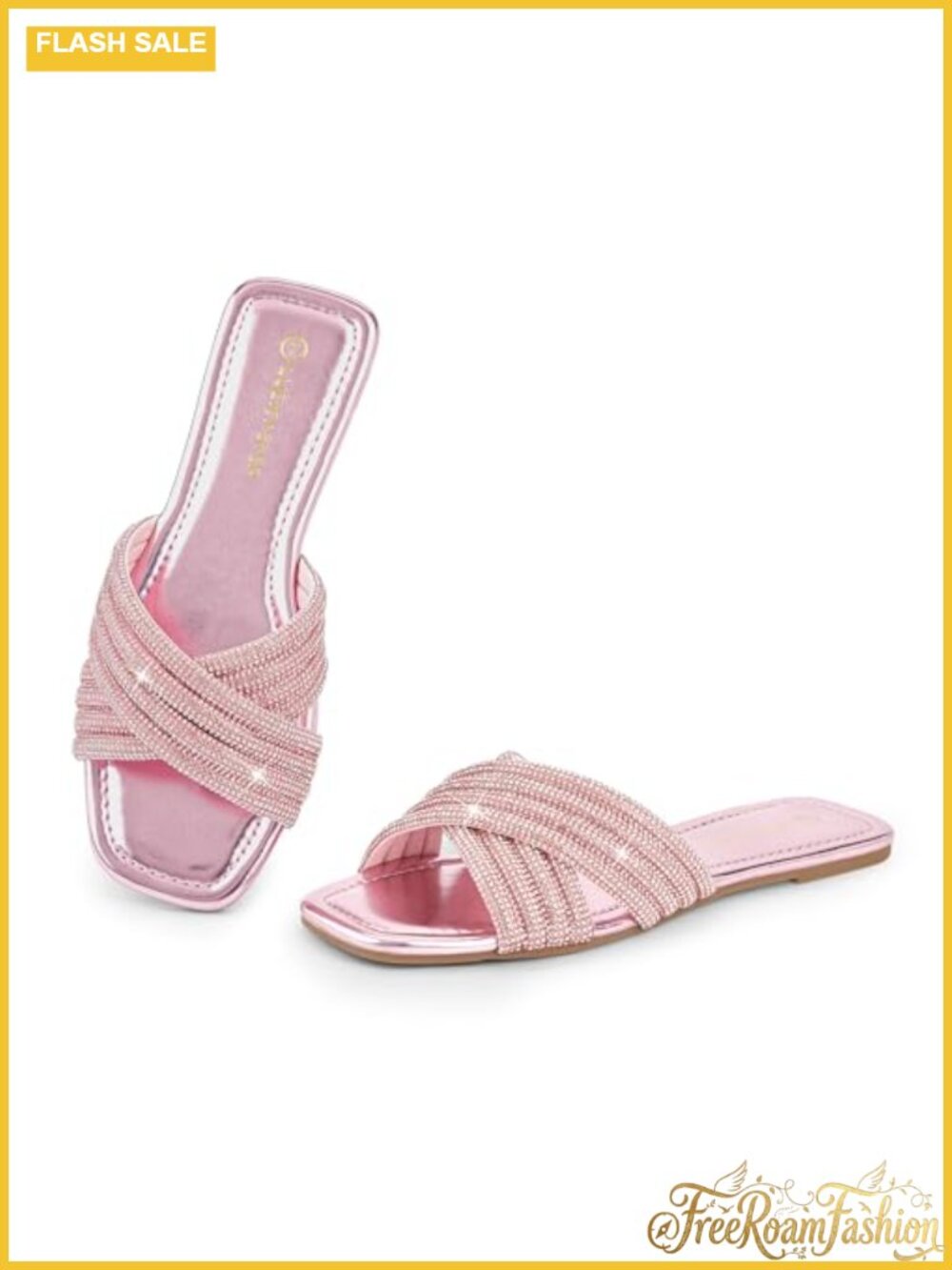 Rhinestone Flat Sandals Square Open Toe Slip On Slides